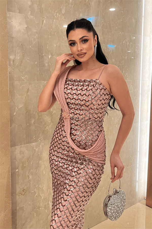 Pul Payet Kumaş Şal Detaylı Abiye Elbise - PUDRA - 4