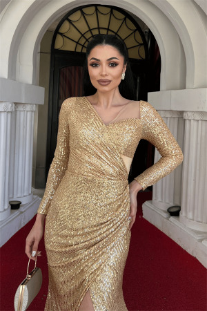 Pul Payet Kumaş Tasarım Büzgü Detaylı Elbise - GOLD - 4