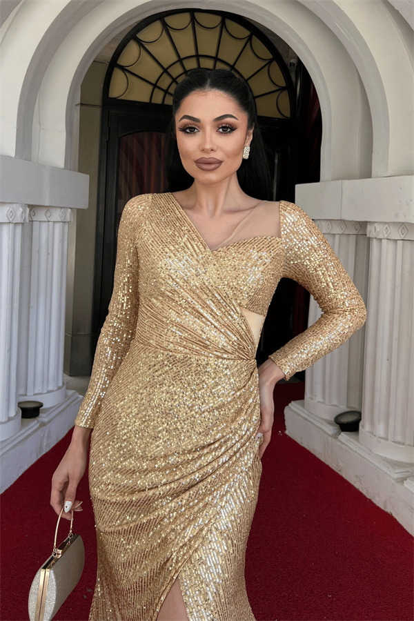Pul Payet Kumaş Tasarım Büzgü Detaylı Elbise - GOLD - 4
