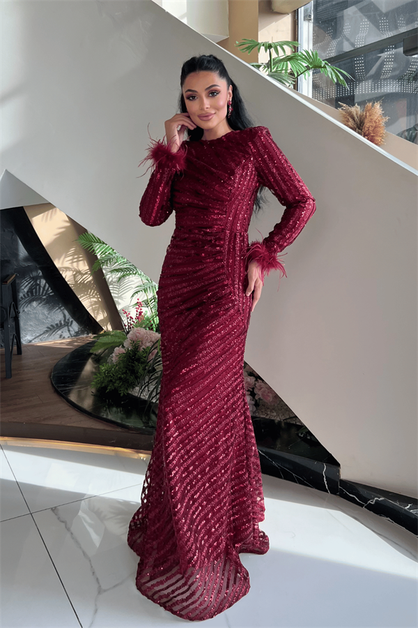 Pul Payet Kumaş Tesettür Abiye Elbise - BORDO - 1