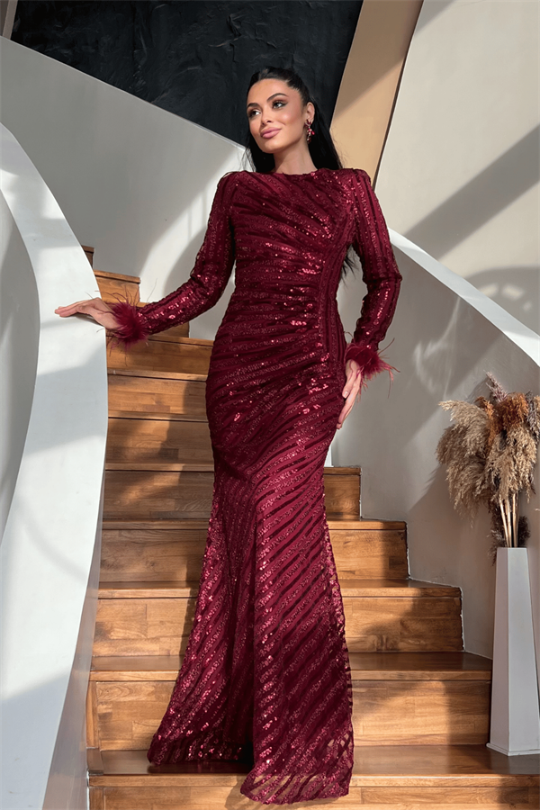 Pul Payet Kumaş Tesettür Abiye Elbise - BORDO - 2