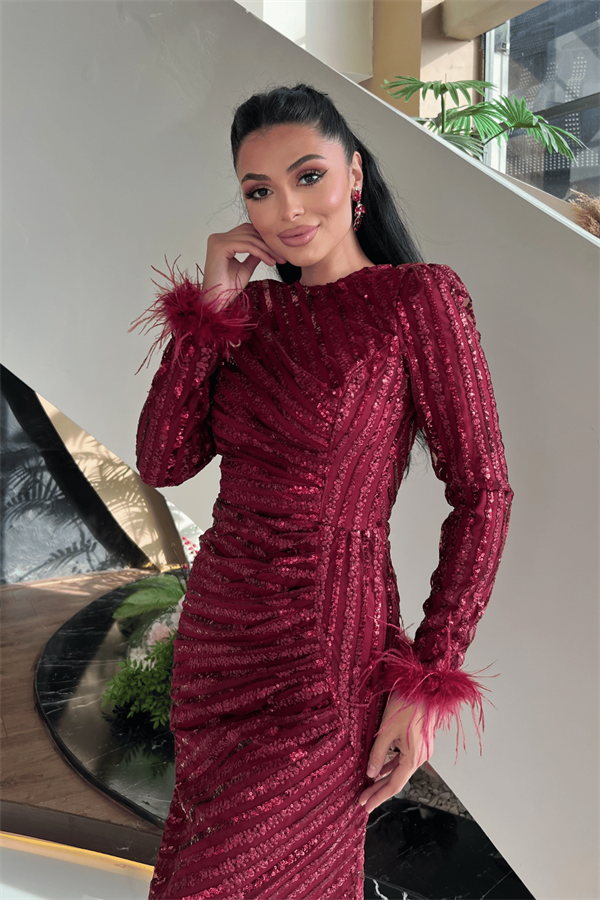 Pul Payet Kumaş Tesettür Abiye Elbise - BORDO - 3