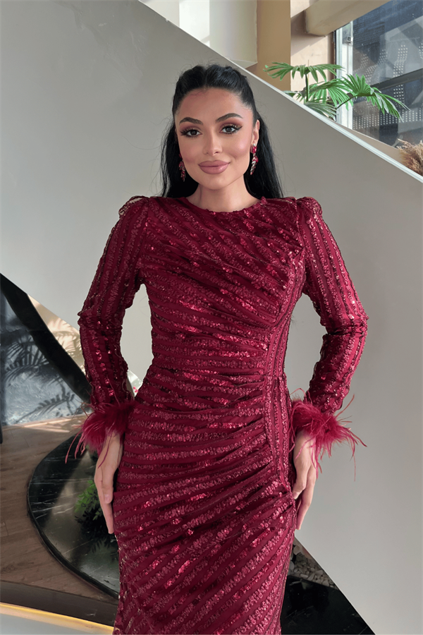 Pul Payet Kumaş Tesettür Abiye Elbise - BORDO - 4