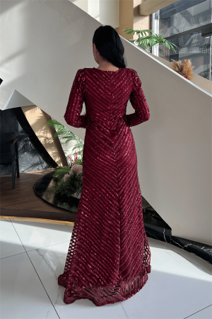 Pul Payet Kumaş Tesettür Abiye Elbise - BORDO - 5