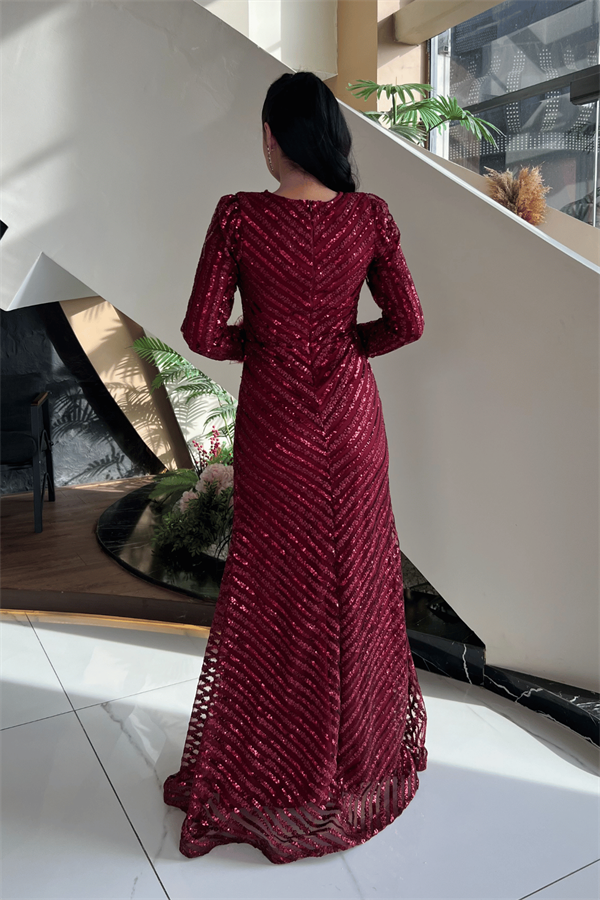 Pul Payet Kumaş Tesettür Abiye Elbise - BORDO - 5