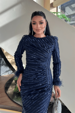 Pul Payet Kumaş Tesettür Abiye Elbise - LACİVERT - 4