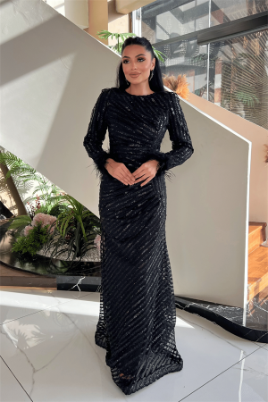 Pul Payet Kumaş Tesettür Abiye Elbise - SİYAH - Angelino Moda