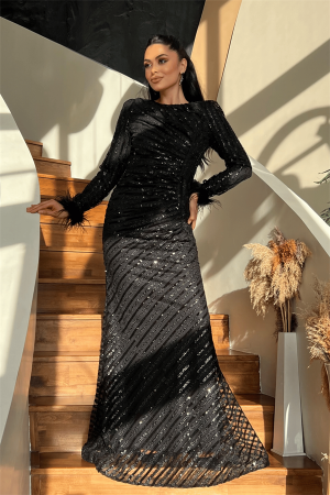Pul Payet Kumaş Tesettür Abiye Elbise - SİYAH - Angelino Moda (1)