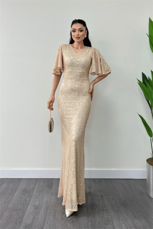 Pul Payet Kumaş V Yaka Abiye Elbise - GOLD - 2