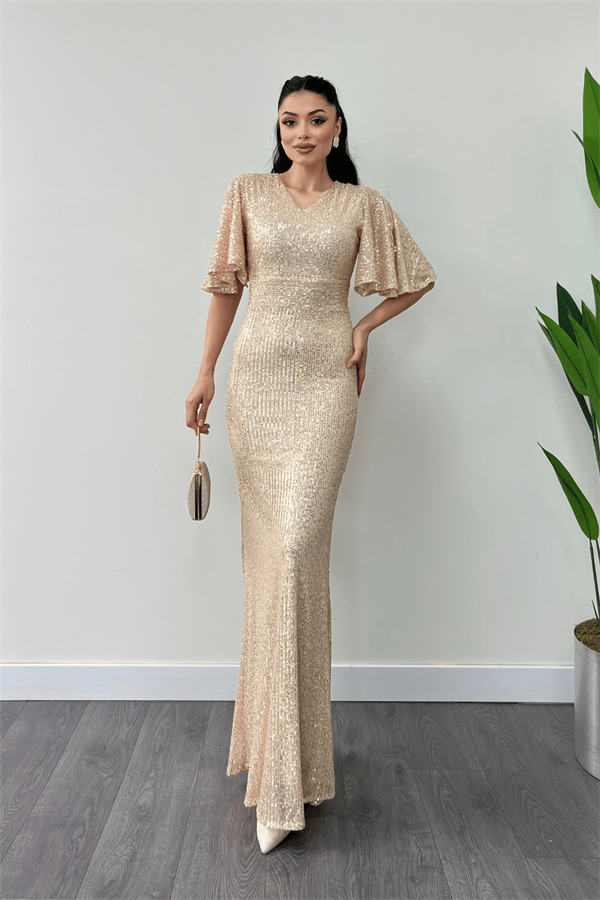 Pul Payet Kumaş V Yaka Abiye Elbise - GOLD - 2