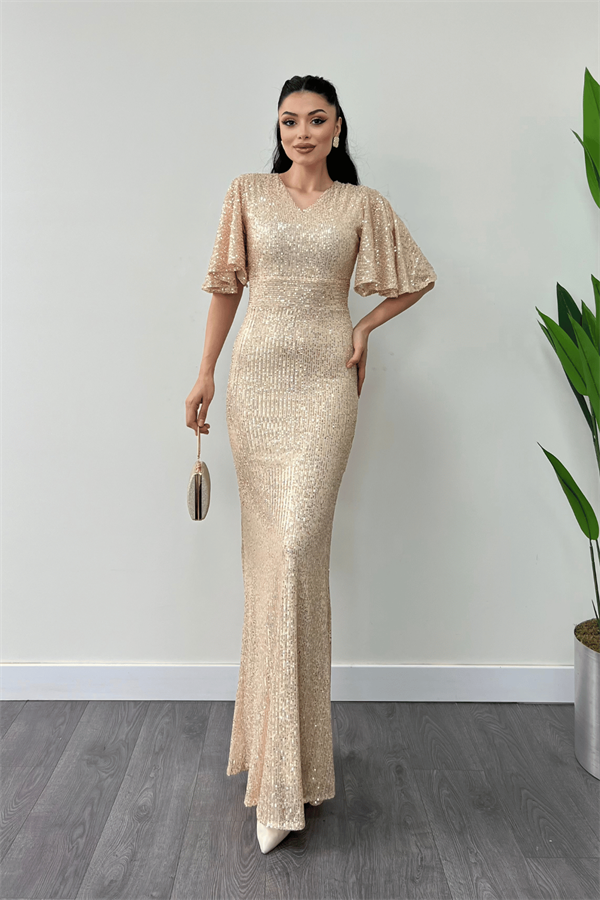 Pul Payet Kumaş V Yaka Abiye Elbise - GOLD - 2