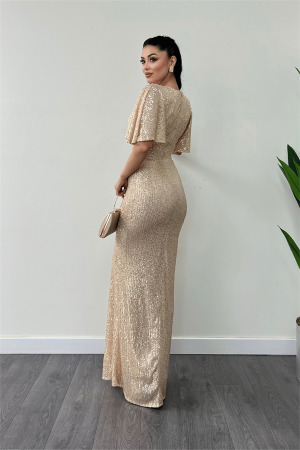Pul Payet Kumaş V Yaka Abiye Elbise - GOLD - 5