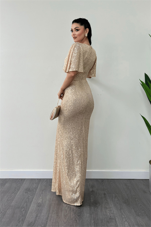 Pul Payet Kumaş V Yaka Abiye Elbise - GOLD - 5