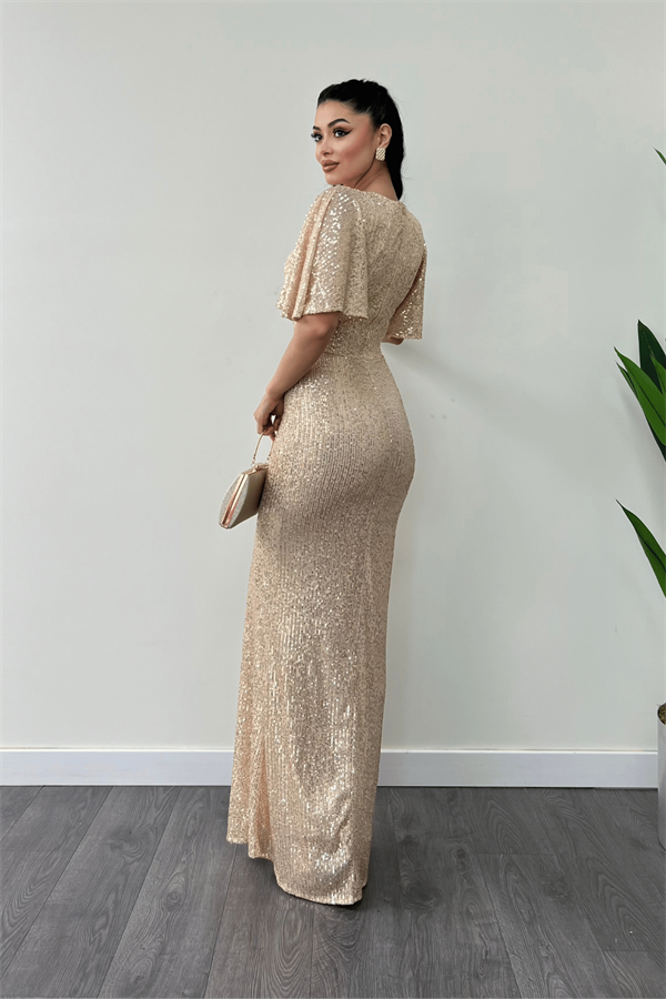 Pul Payet Kumaş V Yaka Abiye Elbise - GOLD - 5