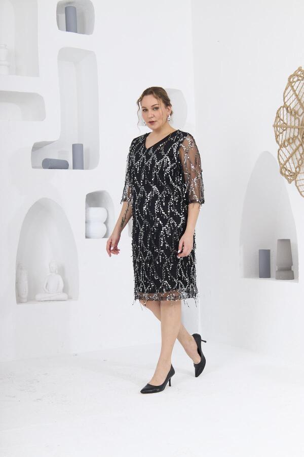 Pul Payet V Yaka Abiye Şifon Büyük Beden Elbise Siyah - 2