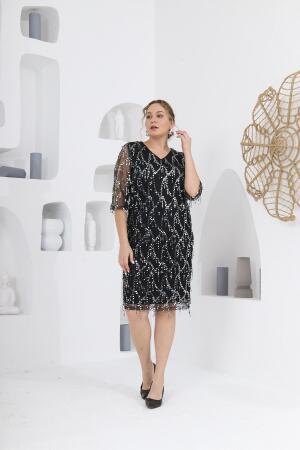 Pul Payet V Yaka Abiye Şifon Büyük Beden Elbise Siyah - 6