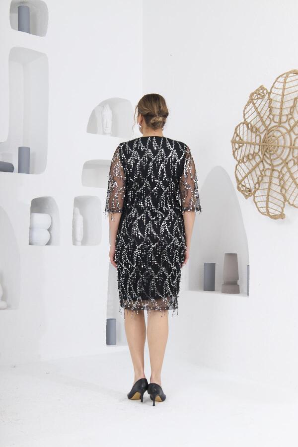 Pul Payet V Yaka Abiye Şifon Büyük Beden Elbise Siyah - 8