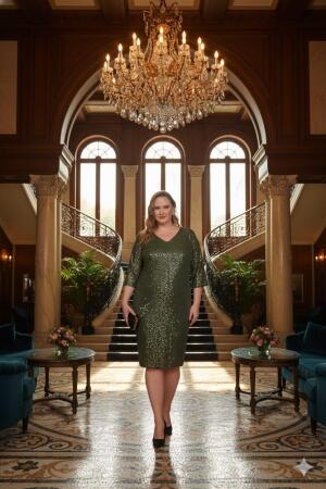 Pul Payetli Büyük Beden Abiye Elbise Haki - RMG