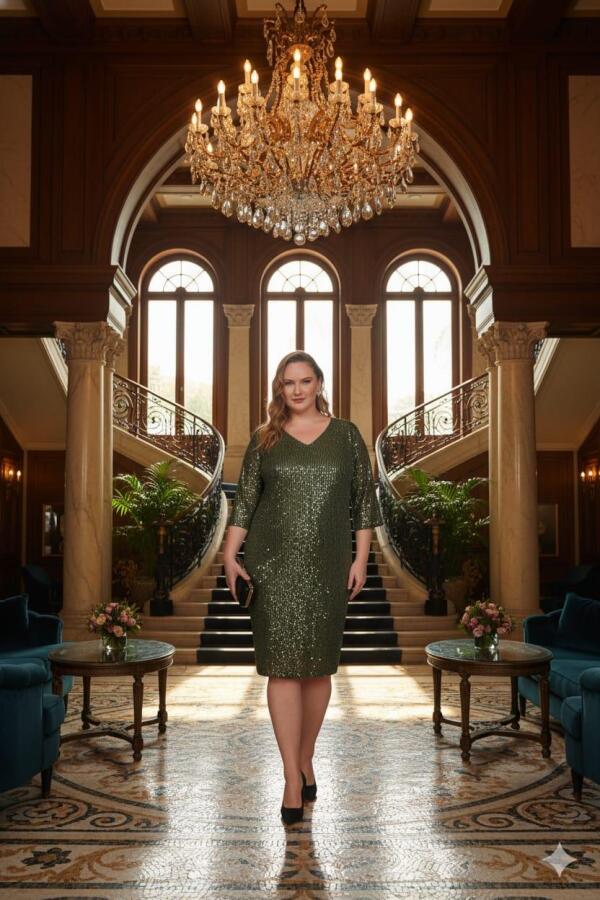 Pul Payetli Büyük Beden Abiye Elbise Haki - 1