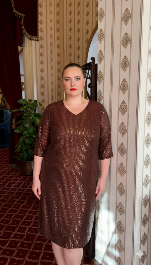 Pul Payetli Büyük Beden Abiye Elbise Kahve - 1