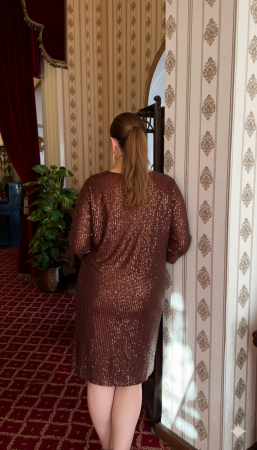 Pul Payetli Büyük Beden Abiye Elbise Kahve - 4