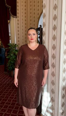 Pul Payetli Büyük Beden Abiye Elbise Kahve - RMG