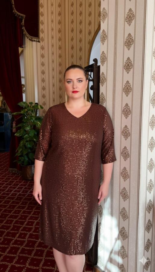 Pul Payetli Büyük Beden Abiye Elbise Kahve - 1