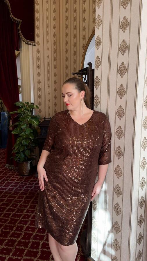 Pul Payetli Büyük Beden Abiye Elbise Kahve - 2