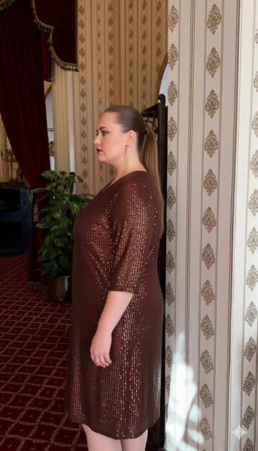 Pul Payetli Büyük Beden Abiye Elbise Kahve - 3