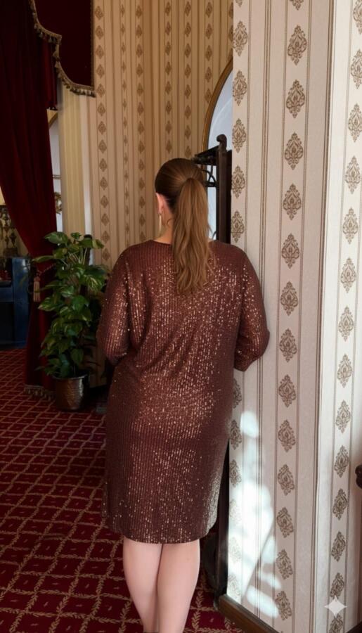 Pul Payetli Büyük Beden Abiye Elbise Kahve - 4