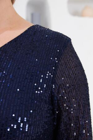 Pul Payetli Büyük Beden Abiye Elbise Lacivert - 3