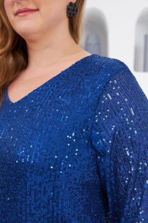 Pul Payetli Büyük Beden Abiye Elbise Saks - 4