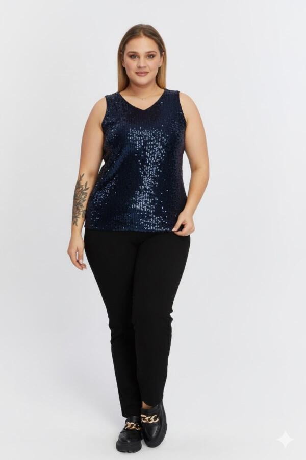 Pul Payetli Büyük Beden Sıfır Kol Lacivert Bluz - 3