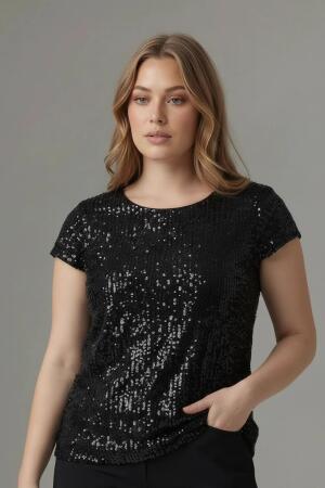 Pul Payetli Kısa Kol Büyük Beden Bluz - RMG