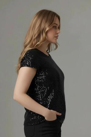 Pul Payetli Kısa Kol Büyük Beden Bluz - RMG (1)