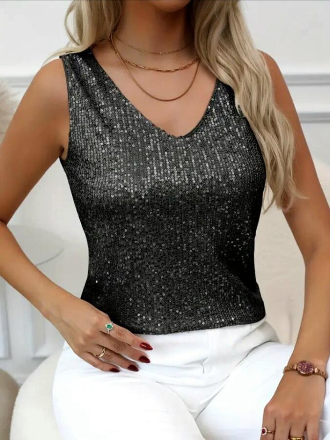 Pul Payetli Sıfır Kol Bluz -Siyah - 2