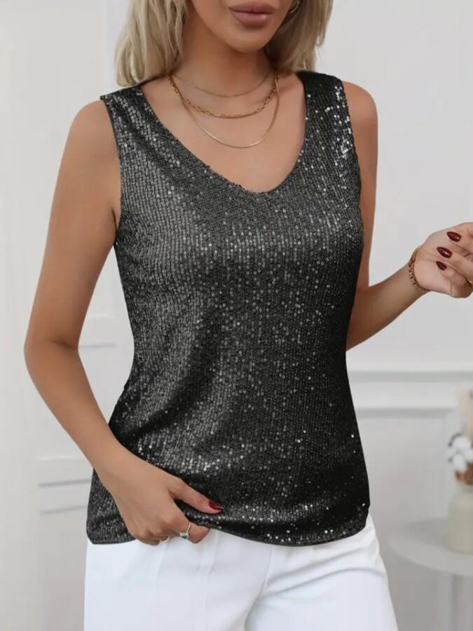 Pul Payetli Sıfır Kol Bluz -Siyah - 4
