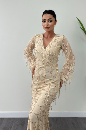 Pul Saçaklı Tasarım Elbise - GOLD - 3