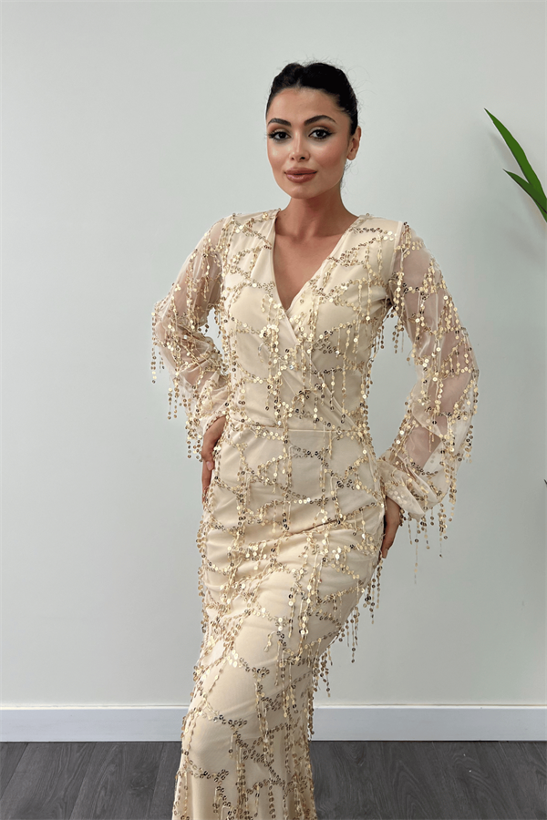 Pul Saçaklı Tasarım Elbise - GOLD - 3
