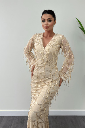 Pul Saçaklı Tasarım Elbise - GOLD - 3