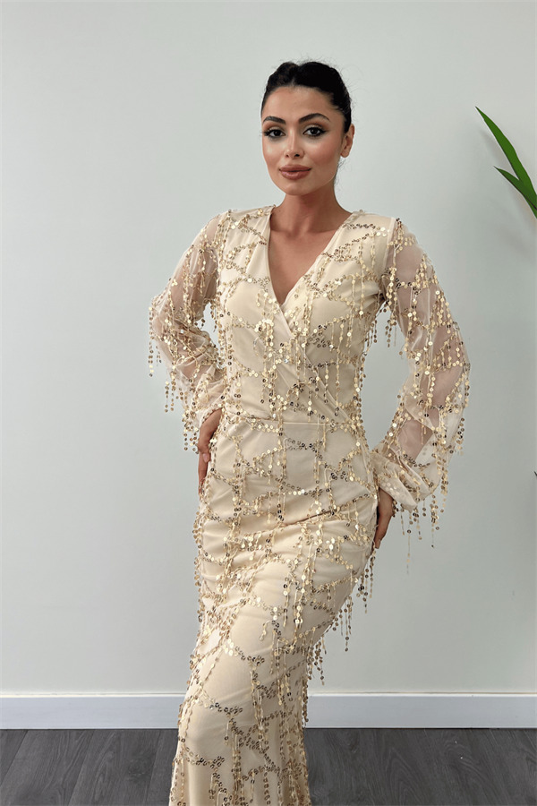 Pul Saçaklı Tasarım Elbise - GOLD - 3