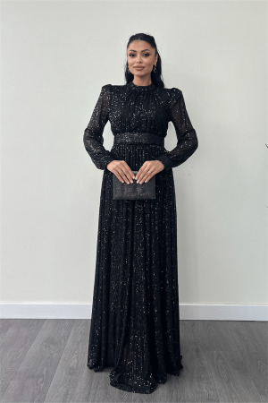 Pul Tül Payet Kumaş Büzgü Detaylı Kiloş Elbise - SİYAH - Angelino Moda