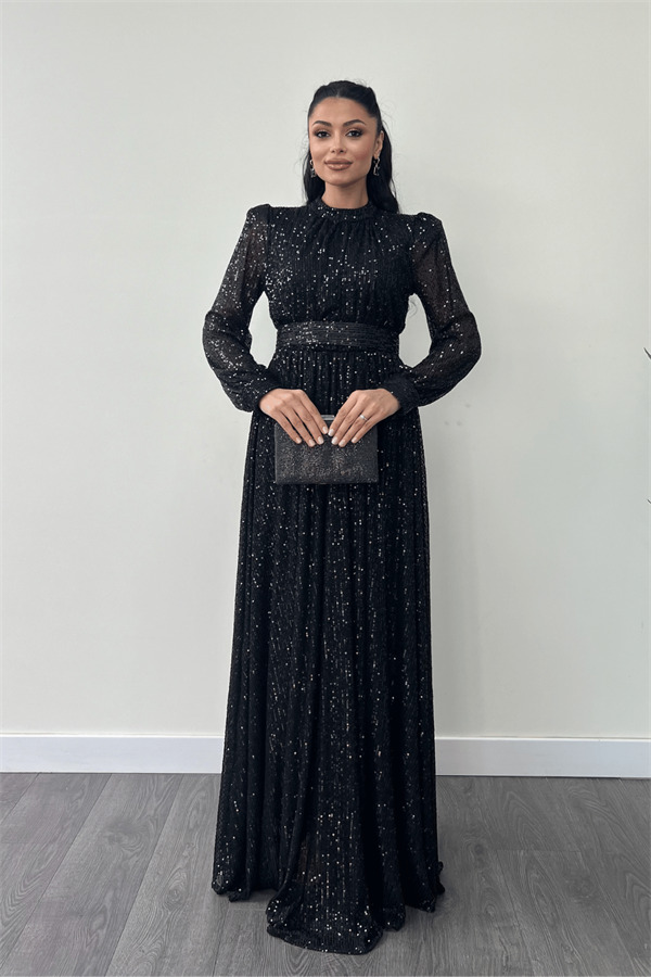 Pul Tül Payet Kumaş Büzgü Detaylı Kiloş Elbise - SİYAH - 1