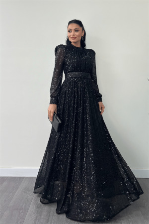 Pul Tül Payet Kumaş Büzgü Detaylı Kiloş Elbise - SİYAH - Angelino Moda (1)