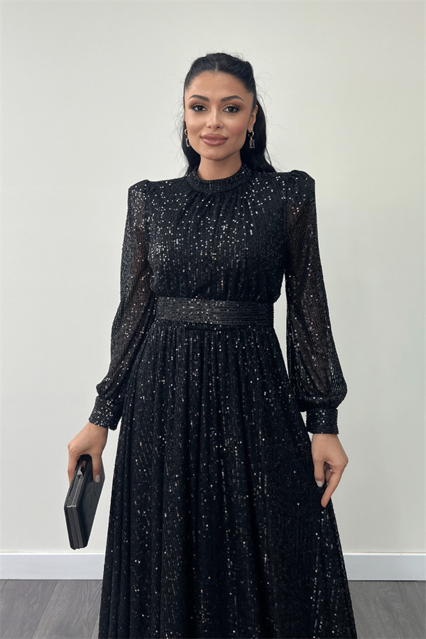 Pul Tül Payet Kumaş Büzgü Detaylı Kiloş Elbise - SİYAH - 3