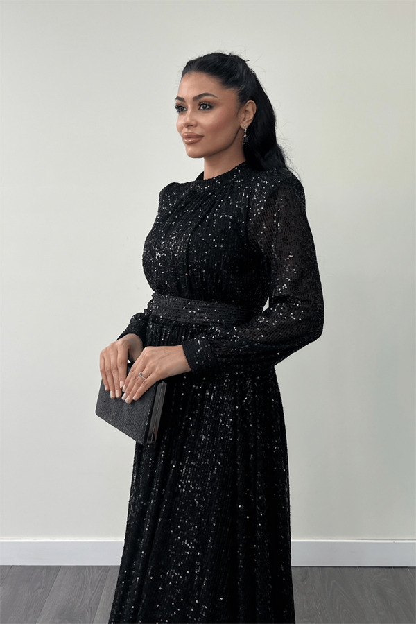 Pul Tül Payet Kumaş Büzgü Detaylı Kiloş Elbise - SİYAH - 4