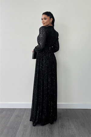 Pul Tül Payet Kumaş Büzgü Detaylı Kiloş Elbise - SİYAH - 5