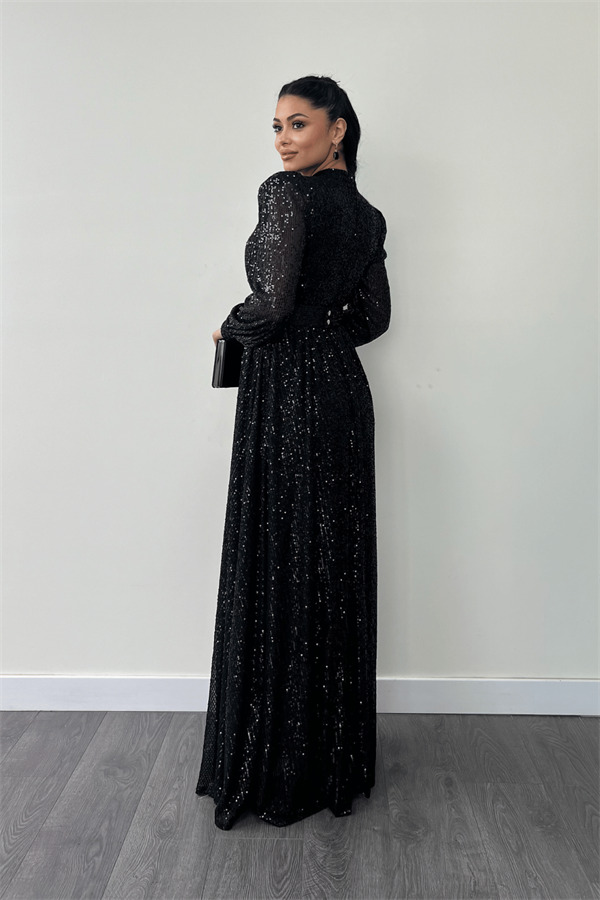 Pul Tül Payet Kumaş Büzgü Detaylı Kiloş Elbise - SİYAH - 5