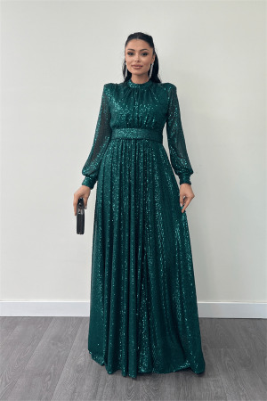Pul Tül Payet Kumaş Büzgü Detaylı Kiloş Elbise - ZÜMRÜT YEŞİL - Angelino Moda
