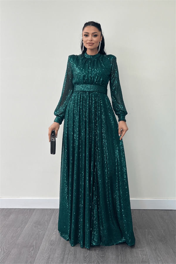 Pul Tül Payet Kumaş Büzgü Detaylı Kiloş Elbise - ZÜMRÜT YEŞİL - 1